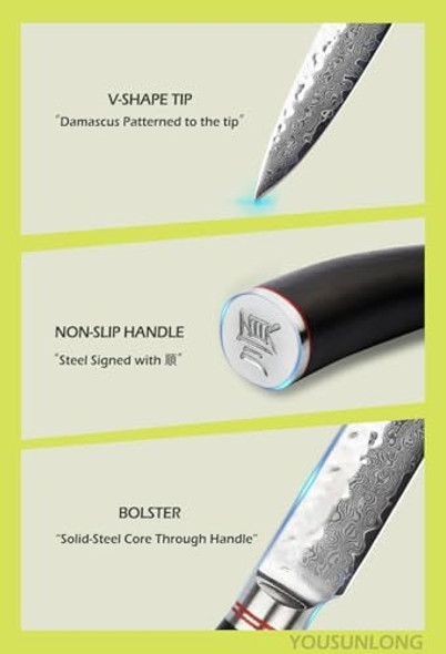 Yousunlong Utility Knife 5 Inch Japanese 67 Layers Hammered Damascus Steel With Natural Leadwood Handle