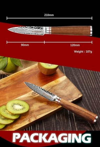 Yousunlong Paring Knives 3.5 Inch - Japanese Hammered Damascus Steel Peeling Knife - Natural Walnut Wooden Handle - Fruit Knife Seiko Knife