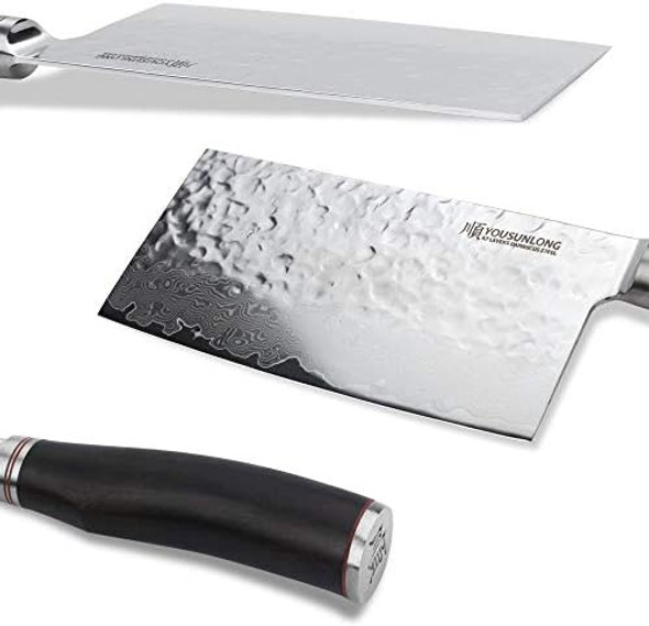 Yousunlong Meat Cleaver 7 Inch Vegetable Cleaver Kitchen Knives Japanese Hammered Damascus Natural Leadwood Handle