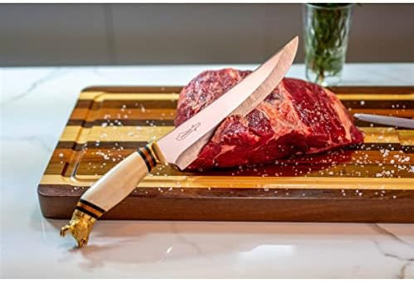 Golden Bull 9" Bbq Knife - Meat Slicing Knife With Bull Head Pommel Ostrich Bone Handle Wood Case - Swedish 14C28N Stainless Steel Blade - For Cutting Beef Red Meat Vegetables Fruits