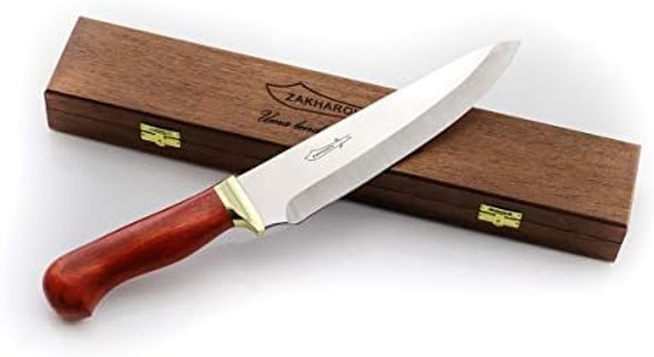 Chef Tradition 8-Inch Kitchen Knife - Professional Chef’S Knife With Handmade Wood Case - Barbecue Knives With Swedish 14C28N Stainless Steel Blade Ergonomic Hardwood Handle Brass Bolster