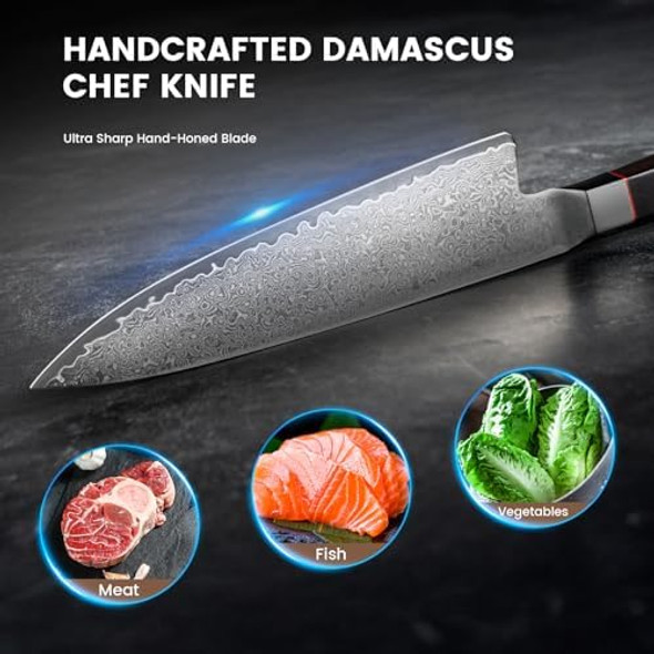Kitchen Knife 8 Inch 67-Layer Damascus Steel Chef Knife High Carbon Super Sharp Japanese Cooking Knife With Ergonomic Ebony Handle For Meat Vegetable