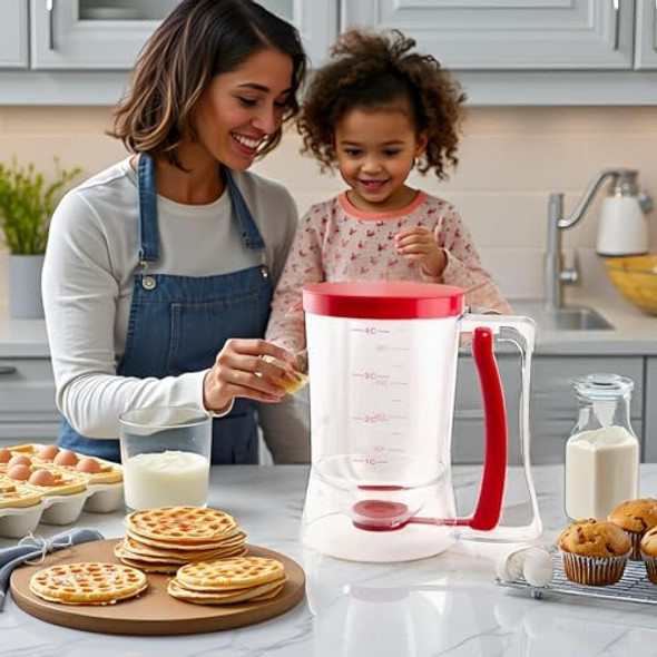 2 Pack Pancake Batter Dispenser - Cookie/Cake/Cakes/Waffle/Waffles Separator Tool with Squeeze Handle Easy Pour & Measuring Label for Griddle Baking Supplies Crepe & Cake Muffin Mix Red