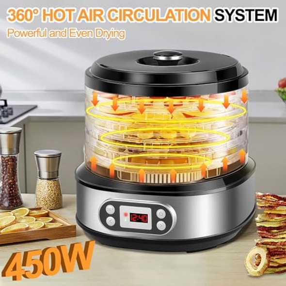 Food Dehydrator Machine 450W Stainless Steel Dehydrator for Food and Jerky with 72H Timer & Adjustable Temperature(95-158°F) Digital Food Dehydrator with 5-Trays for Meat Fruit Herbs