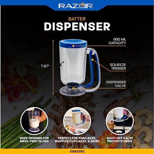 RAZOR Pancake Batter Dispenser Pancakes & Waffles Batter Dispenser for Cakes Muffins Crepes Cake for Baking Cooking on Stovetop Griddles Prevents Drip Easy Squeeze Trigger Handle Dispensers