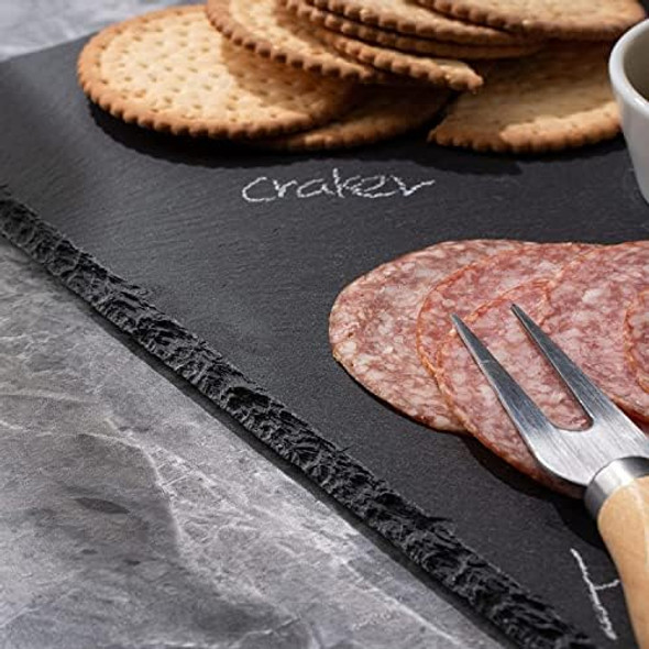 16 x 12 inch Slate Cheese Board Large Slate Board Set Slate Stone Board Slate Cheese Tray Serving Tray with 4 Knives Forks 2 Ceramic Bowls and Chalk Christmas