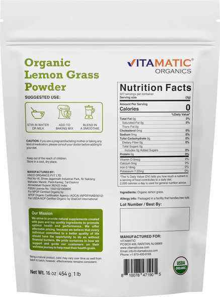 Vitamatic Certified USDA Organic Lemon Grass Powder 1 Pound (16 Ounce) Vitamatic Certified USDA Organic Lemon Grass Powder 1 Pound (16 Ounce)