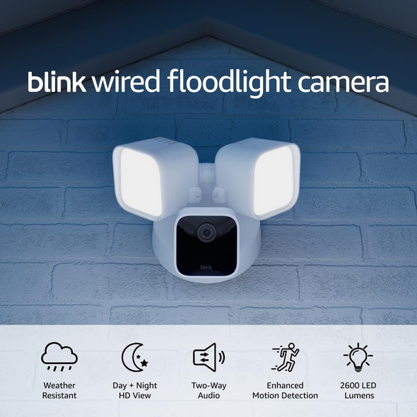 Blink Wired Floodlight Camera – Smart security camera, 2600 lumens, HD live view, enhanced motion detection, built-in siren, Works with Alexa – 1 camera (White) Blink Wired Floodlight Camera – Smart security camera, 2600 lumens, HD live view, enhanced motion detection, built-in siren, Works with Alexa – 1 camera (White)