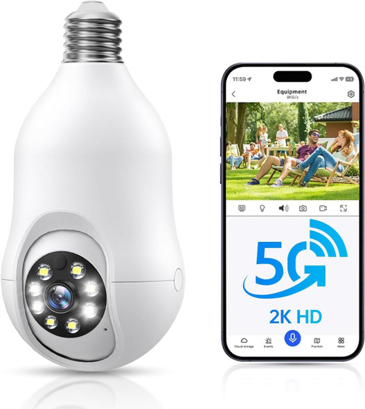 Light Bulb Security Camera, 5G/2.4GHz WiFi 2K Lightbulb Cameras Outdoor with E27 Socket, Motion Detection and Siren Alarm,Two-Way Talk,Color Night Vision,Compatible with Alexa (1 Pack) Light Bulb Security Camera, 5G/2.4GHz WiFi 2K Lightbulb Cameras Outdoor with E27 Socket, Motion Detection and Siren Alarm,Two-Way Talk,Color Night Vision,Compatible with Alexa (1 Pack)