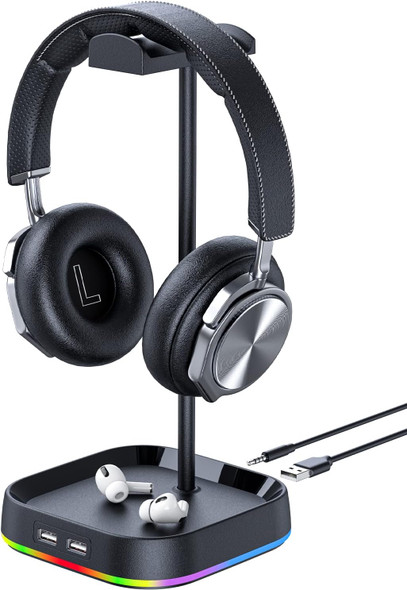 RGB Gaming Headphone Stand for Desk,Headset Stand,Headphone Holder Storage with 3 USB and 3.5mm AUX Ports,Headphone Hanger Mount Gaming Earphone Accessories as PC Gamer Gift