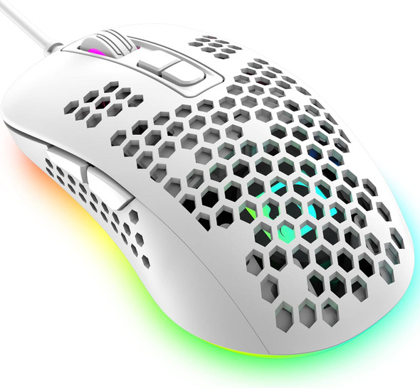 LexonElec Mini Ultralight Wired Gaming Mouse,4 Kinds RGB Backlit,2400DPI 4 Levels Adjustable,Lightweight Honeycomb Shell Mice for PC Gamers,Xbox,PS4(White)