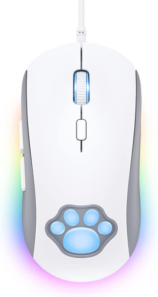 Cat Paw RGB Gaming Mouse, Silent Optical Computer Mice USB Wired with 6 Adjustable DPI Up to 7200, RGB Lighting, 6 Programmable Buttons for Windows/Vista/Linux (White)