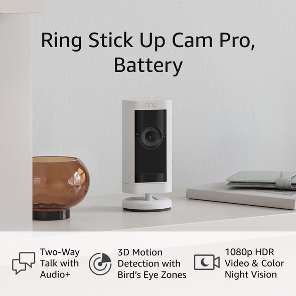 Ring Stick Up Cam Pro, Battery | Two-Way Talk with Audio+, 3D Motion Detection with Bird’s Eye Zones, and 1080p HDR Video & Color Night Vision (2023 release), White Ring Stick Up Cam Pro, Battery | Two-Way Talk with Audio+, 3D Motion Detection with Bird’s Eye Zones, and 1080p HDR Video & Color Night Vision (2023 release), White