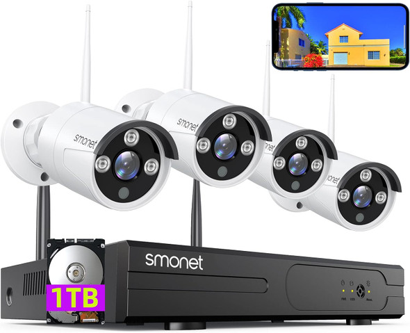[3MP HD,Audio] SMONET WiFi Security Camera System,1TB Hard Drive,8CH Home Surveillance NVR Kit,4 Packs Outdoor Indoor IP Cameras Set,IP66 Waterproof,Free Phone APP,Night Vision,24/7 Video Recording