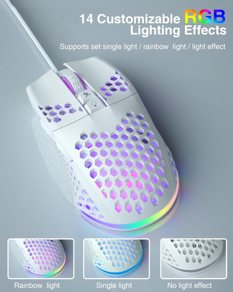 SM900 White Wired Gaming Mouse with Honeycomb Shell,12800 DPI,7 Programmable Buttons,Lightweight Gaming Mice Ergonomic Computer Mouse Gaming for Windows/PC/Mac/Laptop Gamer
