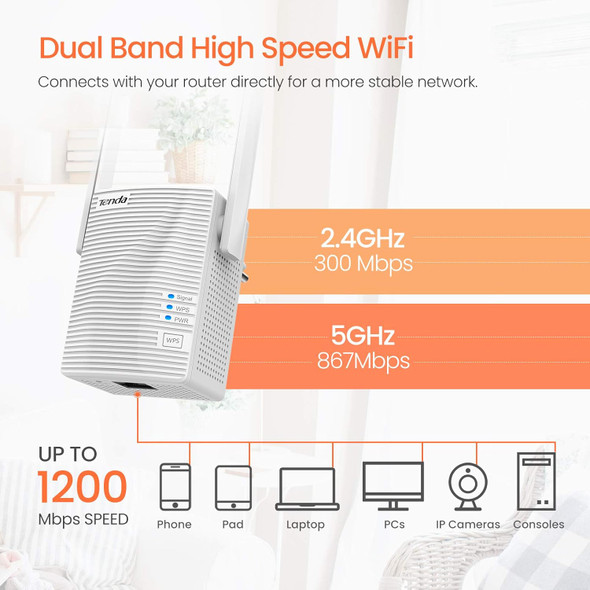 Tenda WiFi Extender, Strong AC1200 WiFi Range Extender with Ethernet Port, WiFi Signal Booster Covers Up to 1300 Sq.ft and 20 Devices, Dual-Band and Double-Antennas WiFi Repeater(A18)