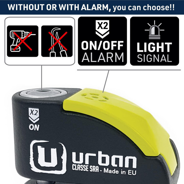 URBAN UR10 Approved Motorcycle Disc Lock with Alarm 120dB ON/OFF Warning A+ Sensitivity, Special Hardened Steel High Security Double Locking 10mm/0.39in Motorbike Disc Brake Lock Anti Theft Heavy Duty