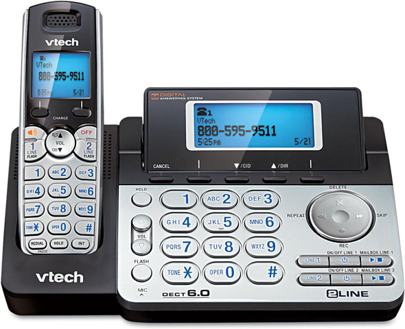 VTech DS6151 2-Line Cordless Phone System for Home or Small Business with Digital Answering System & Mailbox on each line, Black/silver 5" x 8.5" x 6.5" x 4.8" VTech DS6151 2-Line Cordless Phone System for Home or Small Business with Digital Answering System & Mailbox on each line, Black/silver 5" x 8.5" x 6.5" x 4.8"