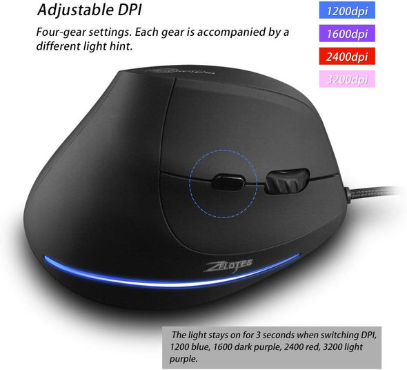 zelotes Wired Mouse for Computer,3200DPI,6 Buttons LED USB Optical Ergonomic Mouse,Vertical Mouse,Corded Mouse for Laptop,PC,Mac,Black