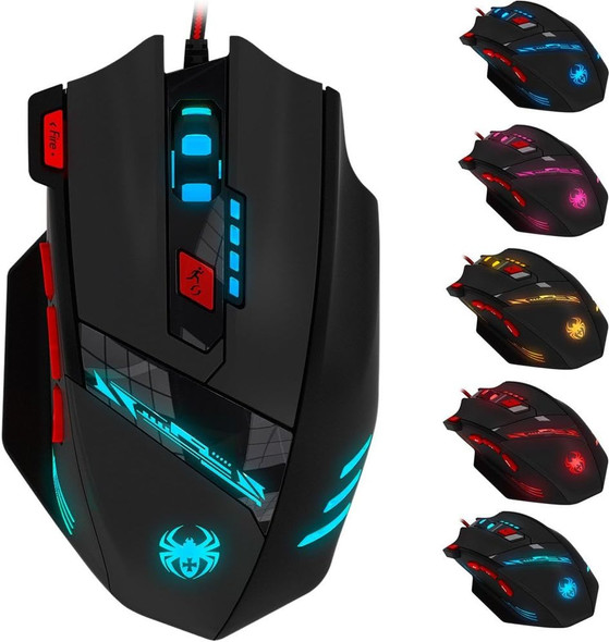 Zelotes T90 Professional 9200 DPI High Precision USB Wired Gaming Mouse,8 Buttons,With 7 kinds modes of LED Colorful Breathing Light, Weight Tuning Set (Black)