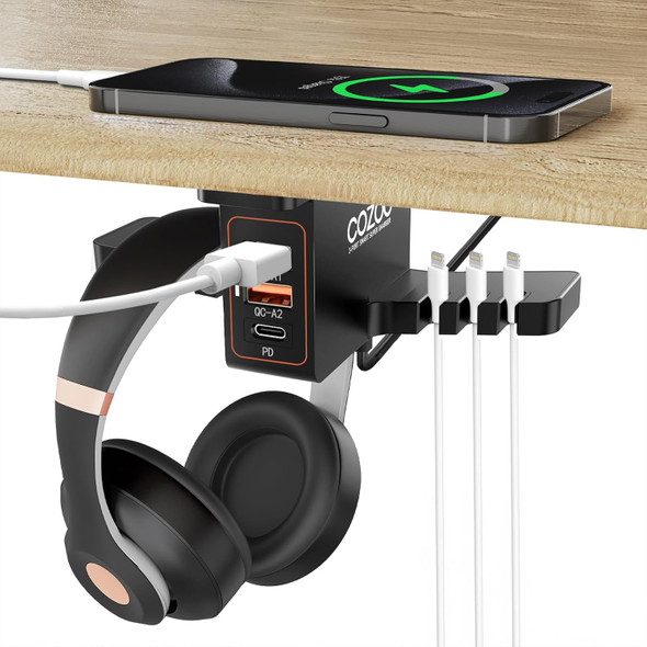 COZOO Headphone Stand with USB Charger Under Desk Headset Holder Mount with 3 Port USB Charging Station,iWatch Stand Smart Watch Charging Dock Dual Earphone Hanger Hook,PC Accessories s,UL Tested