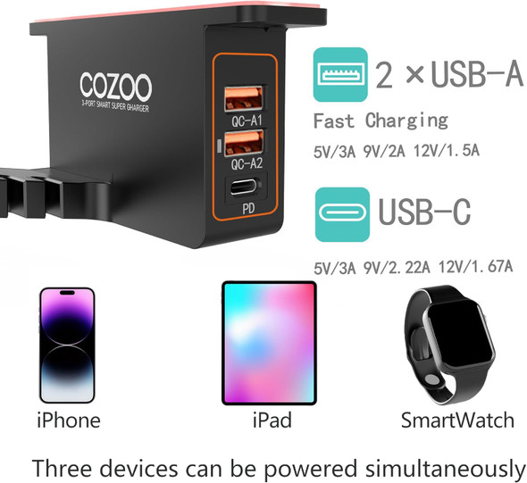 COZOO Headphone Stand with USB Charger Under Desk Headset Holder Mount with 3 Port USB Charging Station,iWatch Stand Smart Watch Charging Dock Dual Earphone Hanger Hook,PC Accessories s,UL Tested