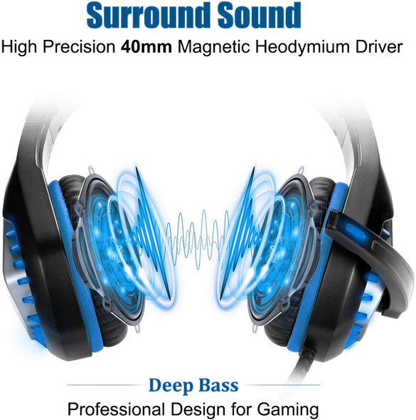 DIWUER Stereo Gaming Headset for Nintendo Switch, PS4, Xbox One with Noise Cancelling Mic, Soft Earmuffs Surround Sound Over Ear Headphones with LED Light for PC, Mac, Laptop (Blue)
