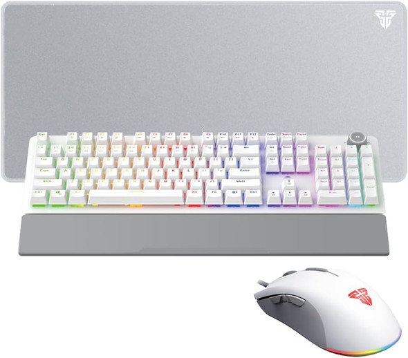 FANTECH P31SE RGB Gaming Keyboard and Mouse and Large Mouse Pad Combo, Wired 104 Keys Mechanical Keyboard Blue Switch with Wrist Rest & 10K DPI Gaming Mouse & Gaming Mousepad(31.5×12IN) for PC, White