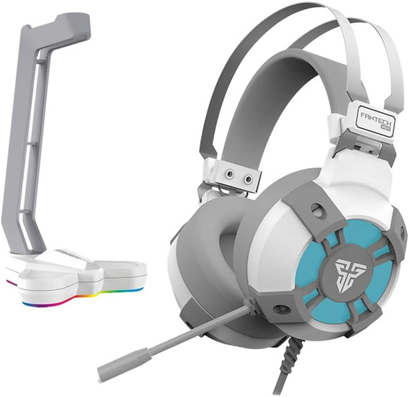 FANTECH USB RGB Gaming Headset and Stand Combo for PC, 7.1 Surround Sound 50mm Drive DTS Digital Over Ear Wired Headphones with Mic and Hanger, White