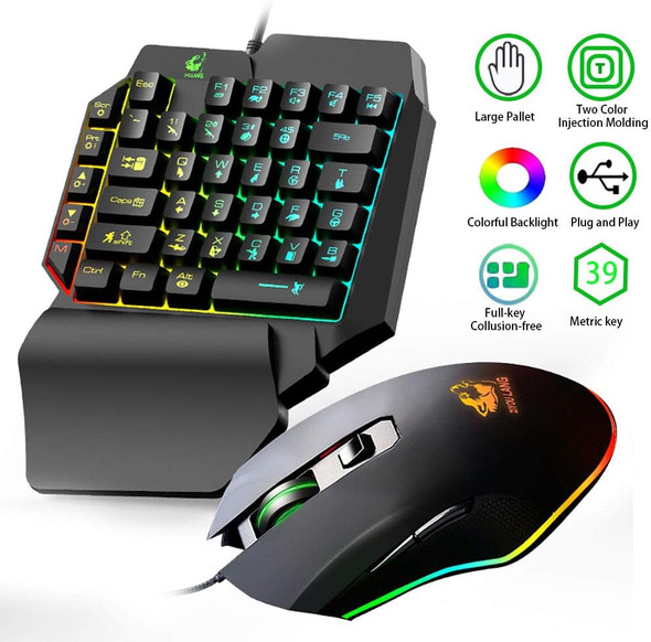 FELICON One Handed Gaming Keyboard and Mouse Combo, Rainbow Backlit 39 Keys Portable Small Mechanical Feel Keyboard with Wrist Rest Support, RGB Backlight 6 Buttons Adjustable Mice for PC Gamer