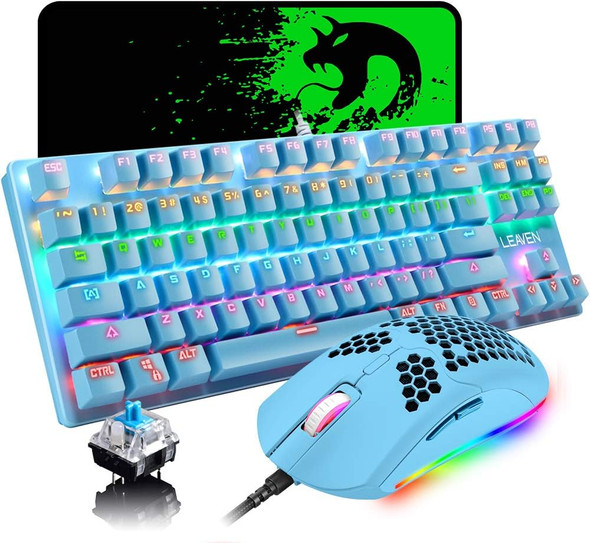 Mechanical Gaming Keyboard and Mouse Combo,87 Keys Compact Rainbow Backlit Keyboard,RGB Backlit 6400 DPI Lightweight Gaming Mouse with Honeycomb Shell for Windows PC Gamers
