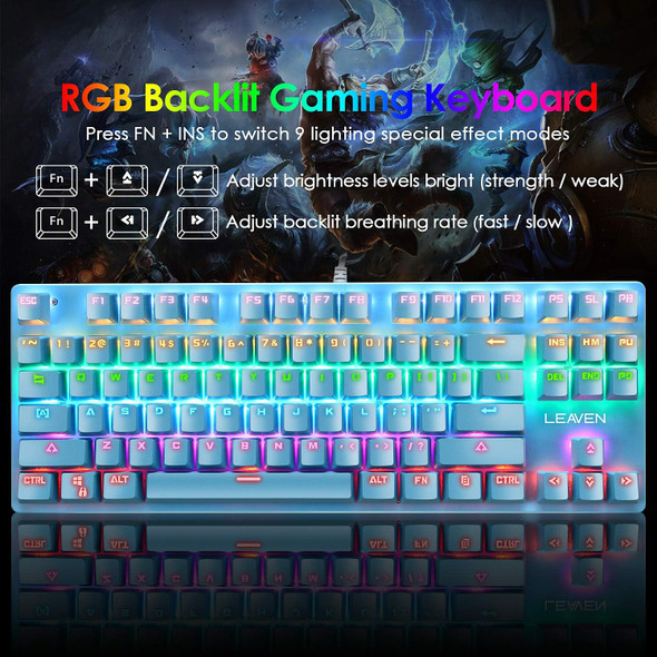 Mechanical Gaming Keyboard and Mouse Combo,87 Keys Compact Rainbow Backlit Keyboard,RGB Backlit 6400 DPI Lightweight Gaming Mouse with Honeycomb Shell for Windows PC Gamers