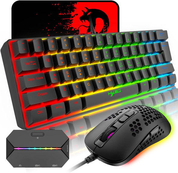 Gaming Keyboard and Mouse Combo,61 Keys Compact Backlit Mechanical Feel Keyboard,ps4 Converter Adapter,RGB Backlit 2400 DPI Lightweight Gaming Mouse with Honeycomb Shell for Windows PC Gamers