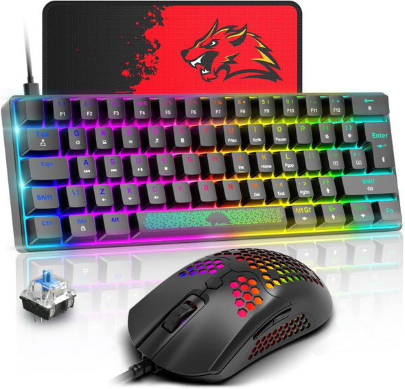 GK61Pro Mechanical Gaming Keyboard and Model Mouse Combo,Wired 18 Chroma RGB Backlit 62key Anti-ghosting Honeycomb Mouse 12000 DPI Ergonomic for Windows PC Gamers Typists(Black/Brown Switch