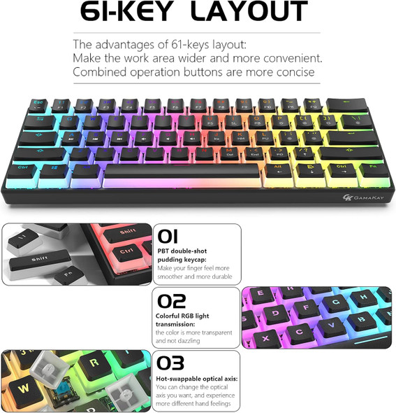 GK GAMAKAY MK61 RGB Pudding Keyboard, 61 Keys Gateron Optical Switch PBT Pudding Keycaps, Hot Swap Backlit Ultra-Compact Wired Gaming Keyboard for Windows Mac PC Gamers (Yellow Switch V2, Black)