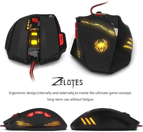 Granvela Zelotes T90 9200 DPI High Precision USB Wired Gaming Mouse for Big Hand,8 Buttons,7-Color LED Breathing Light, Weight Tuning Set (Black)