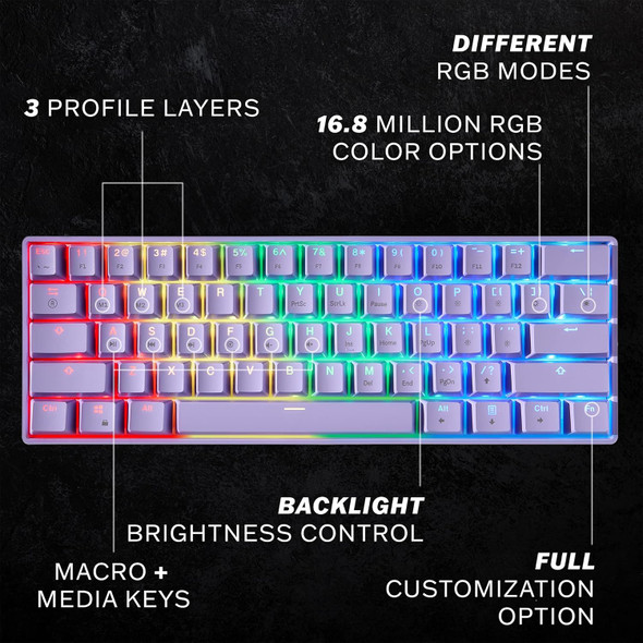 GK61 Mechanical Gaming Keyboard - 61 Keys Multi Color RGB Illuminated LED Backlit Wired Programmable for PC/Mac Gamer (Gateron Optical Yellow, Lavender)