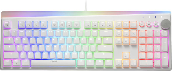 i-rocks K71M RGB Mechanical Gaming Keyboard with Media Control Knob, Gateron Switches (Blue), 107 Keys w/Full NKRO, PBT Keycaps, Multimedia Hotkeys, Detachable USB-C Cable and Onboard Storage, White