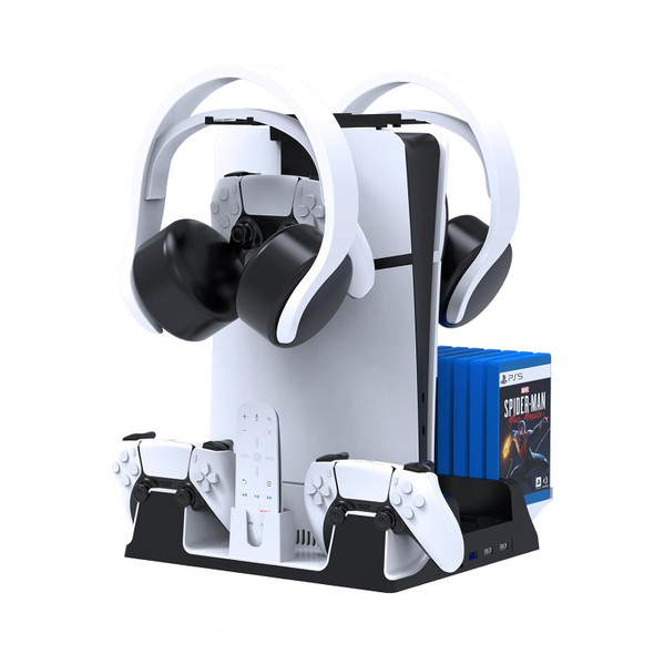 PS-5 Vertical Stand with Cooling Fan and Dual Controller Charger Station for Playstation 5 Console, PS-5 Accessories with Headset Hooker,14 Game Rack Storage, Media Remote Organizer