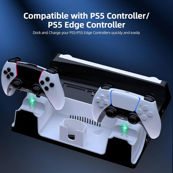 PS-5 Vertical Stand with Cooling Fan and Dual Controller Charger Station for Playstation 5 Console, PS-5 Accessories with Headset Hooker,14 Game Rack Storage, Media Remote Organizer