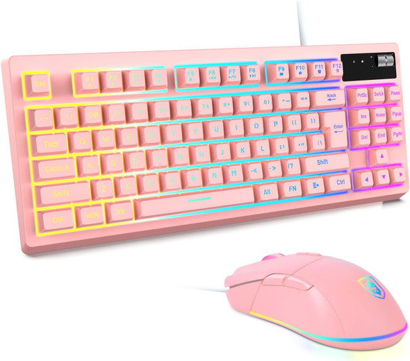KOLMAX HUNTER RGB Pink Gaming Keyboard and Mouse Combo,87 Keys Gaming Keyboard Wired RGB Backlit Gaming Keyboard Mechanical Feeling with RGB 7200 DPI Pink Gaming Mouse Set for PC MAC PS4 Xbox Laptop