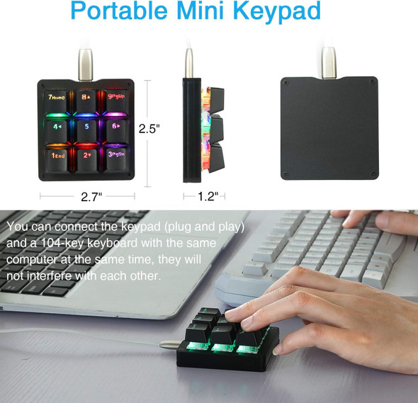 Koolertron One Handed Macro Mechanical Keyboard, RGB LED Backlit Portable Mini One-Handed Mechanical Gaming Keypad OSU Keyboard 9 Fully Programmable Keys Blue Switches