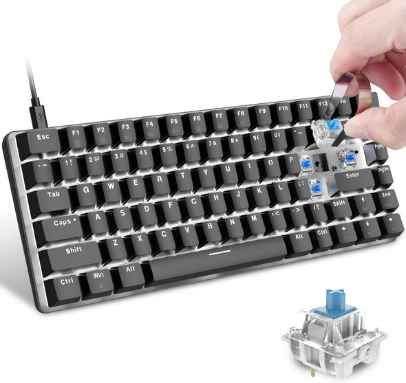 60% Mechanical Gaming Keyboard,Hot Swappable Compact 82 Keys Wired Mechanical Keyboard with White LED Backlit,Detachable Type-C Cable,Ergonomic Design,for Windows PC Gamers(Blue Switch,Black)