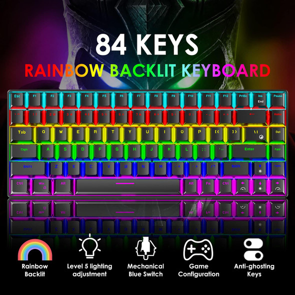 Wired Gaming Keyboard and Mouse Rainbow Backlit Mechanical Keyboard Blue Switch Type-C 84 Keys Anti-ghosting,RGB 12000 DPI Lightweight Honeycomb Shell Gaming Mouse,Large Mouse Pad for PC Gamers(Black)