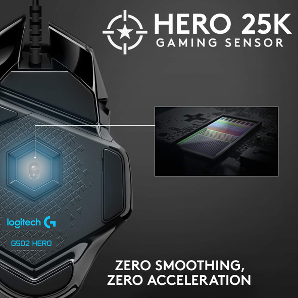 Logitech G502 HERO High Performance Wired Gaming Mouse, HERO 25K Sensor, 25,600 DPI, RGB, Adjustable Weights, 11 Programmable Buttons, On-Board Memory, PC / Mac Logitech G502 HERO High Performance Wired Gaming Mouse, HERO 25K Sensor, 25,600 DPI, RGB, Adjustable Weights, 11 Programmable Buttons, On-Board Memory, PC / Mac