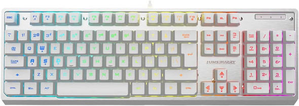 White Gaming Keyboard, Rainbow LED Backlit,19 Anti-ghosting Keys, USB Wired, Metal Panel, Ergonomic 104 Keys, Multimedia Control, Water-Resistant, Full Size, for Windows PC Mac Office Gamer