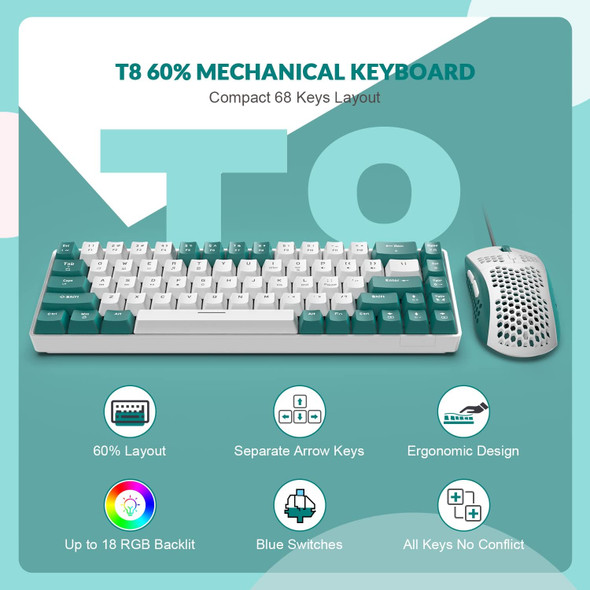 60% RGB Gaming Keyboard and Mouse and Gaming Headset,Wired Mechanical Keyboard,68 Keys TKL Compact Mini Layout,Honeycomb RGB Gaming Mouse,Up to 6400DPI,for PC MAC PS5 Xbox,Green