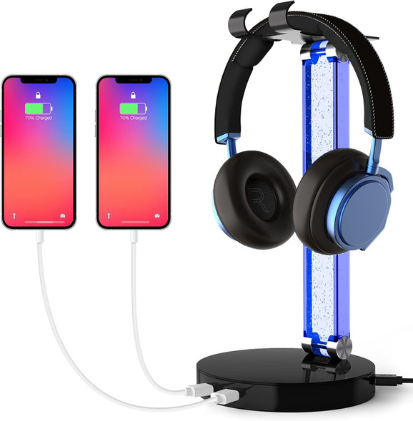 RGB Headphone Stand with 2 USB Charger Ports, Desk Gaming Headset Stand with Alloy Rotary Bearings, Headset Holder s for Gamers Desktop Table Game Earphone Accessories