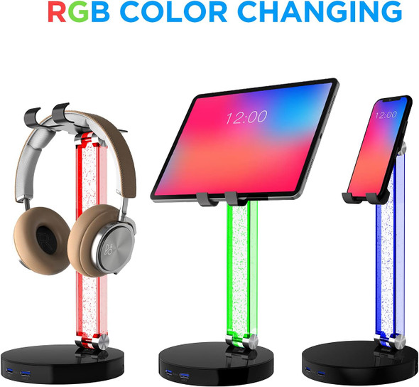 RGB Headphone Stand with 2 USB Charger Ports, Desk Gaming Headset Stand with Alloy Rotary Bearings, Headset Holder s for Gamers Desktop Table Game Earphone Accessories
