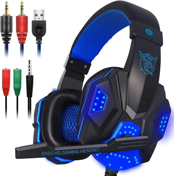 Gaming Headset with Mic and LED Light for Laptop Computer, Cellphone, PS4 and so on, DLAND 3.5mm Wired Noise Isolation Gaming Headphones - Volume Control.(Black and Blue)